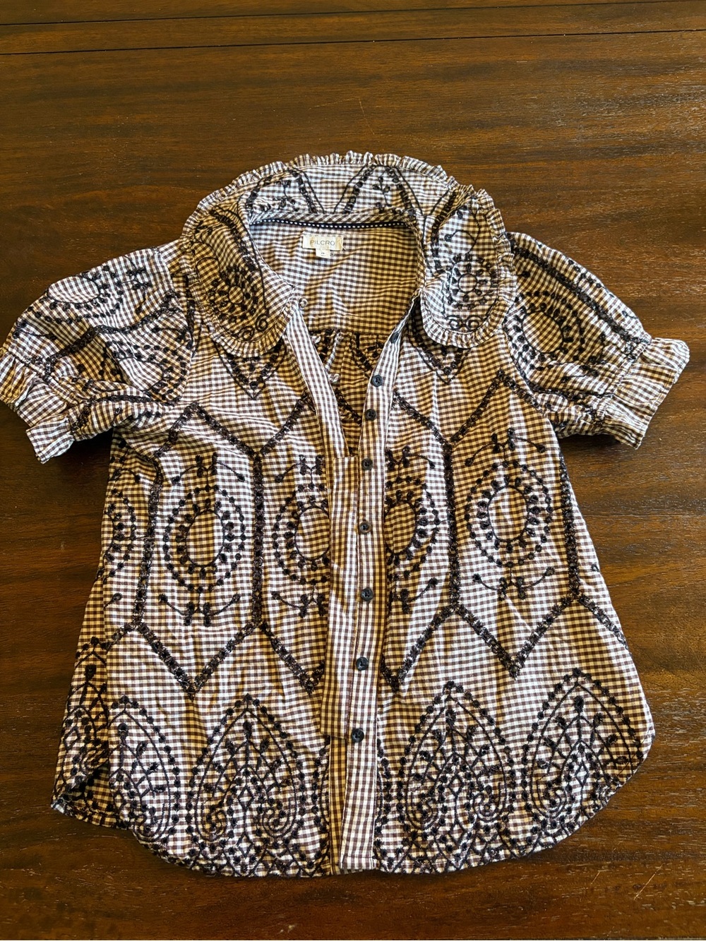 Anthropologie Pilcro Gingham Embroidered Eyelet Puff Sleeve Blouse XS